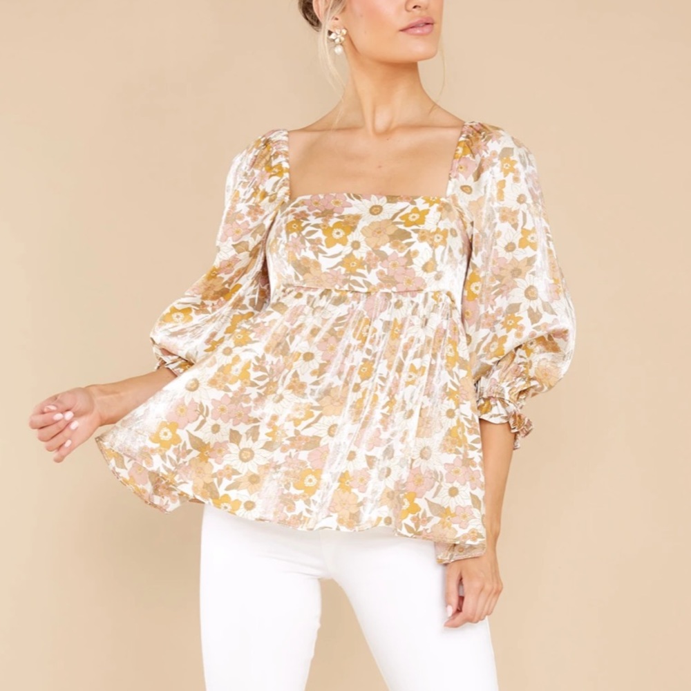 Sunny Blooms White And Gold Floral Print Top